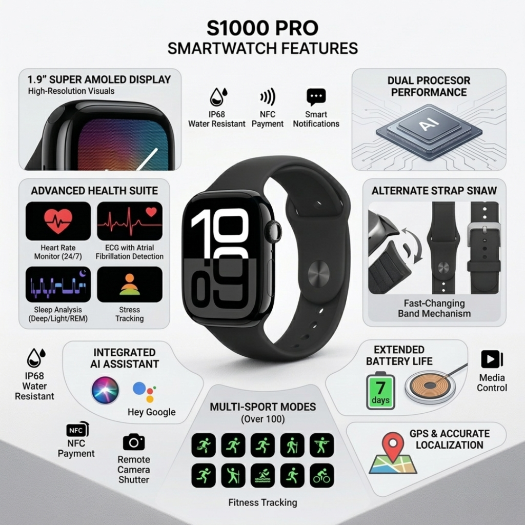 S1000 Pro Series 10 Smart Watch – Futuristic Design & 7-in-1 Luxury Strap Edition