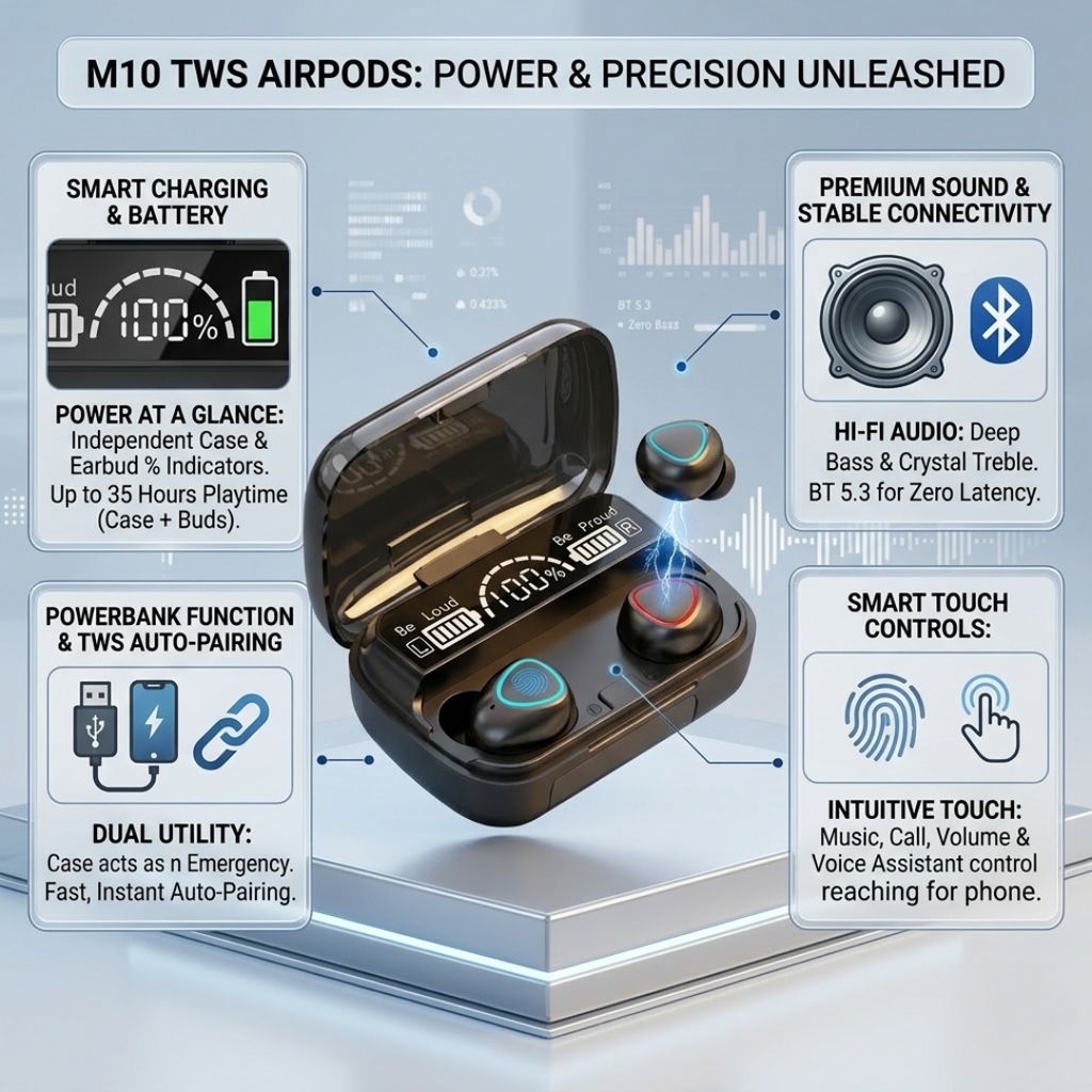 M10 TWS Wireless Earbuds: Bluetooth 5.3, 3500mAh Power Bank Case & Smart LED Display with Hi-Fi Deep Bass Sound