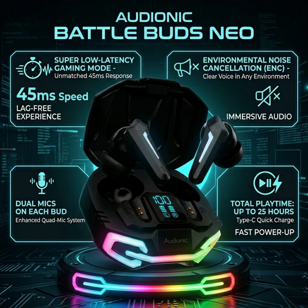 Audionic Battle Buds Neo – Low Latency Gaming Earbuds with Quad Mic & ENC