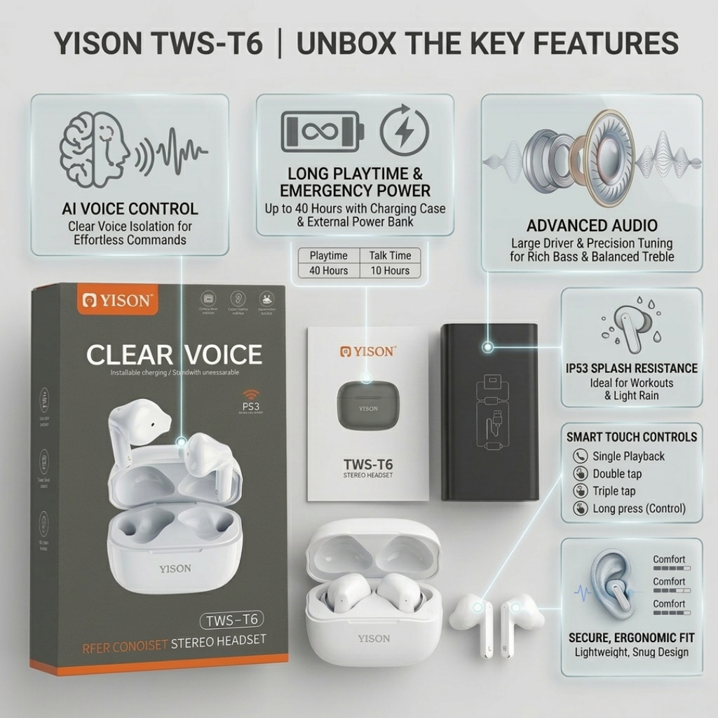 Yison TWS-T6 Wireless Earbuds – Crystal Clear Voice & Ergonomic Comfort Design